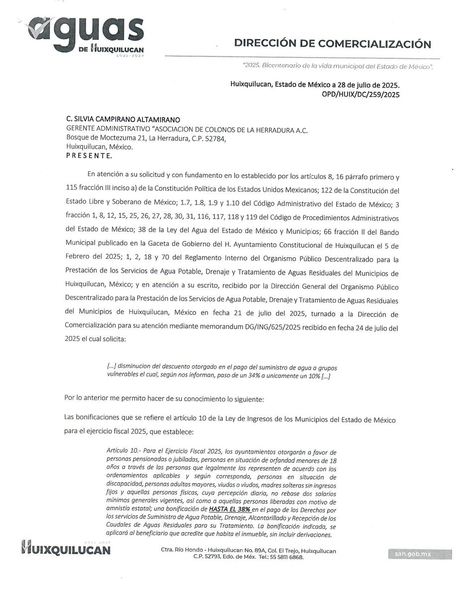 ACHEcolonos's tweet photo. IMPORTANTE: En respuesta a nuestra consulta sobre la reducción del #descuento en el pago de agua para personas adultas mayores, el organismo de aguas .@SistemaAguasHXQ de Huixquilucan enfatiza en su comunicado (adjunto) que el beneficio es de “HASTA el 38%”. Aunque no esclarecen cuál será el descuento actualizado, todo indica que han decidido reducirlo al 10%, medida que impacta directamente la economía de nuestras personas mayores. Para más preguntas al respecto, por favor acercarse a .@HuixquiGob.