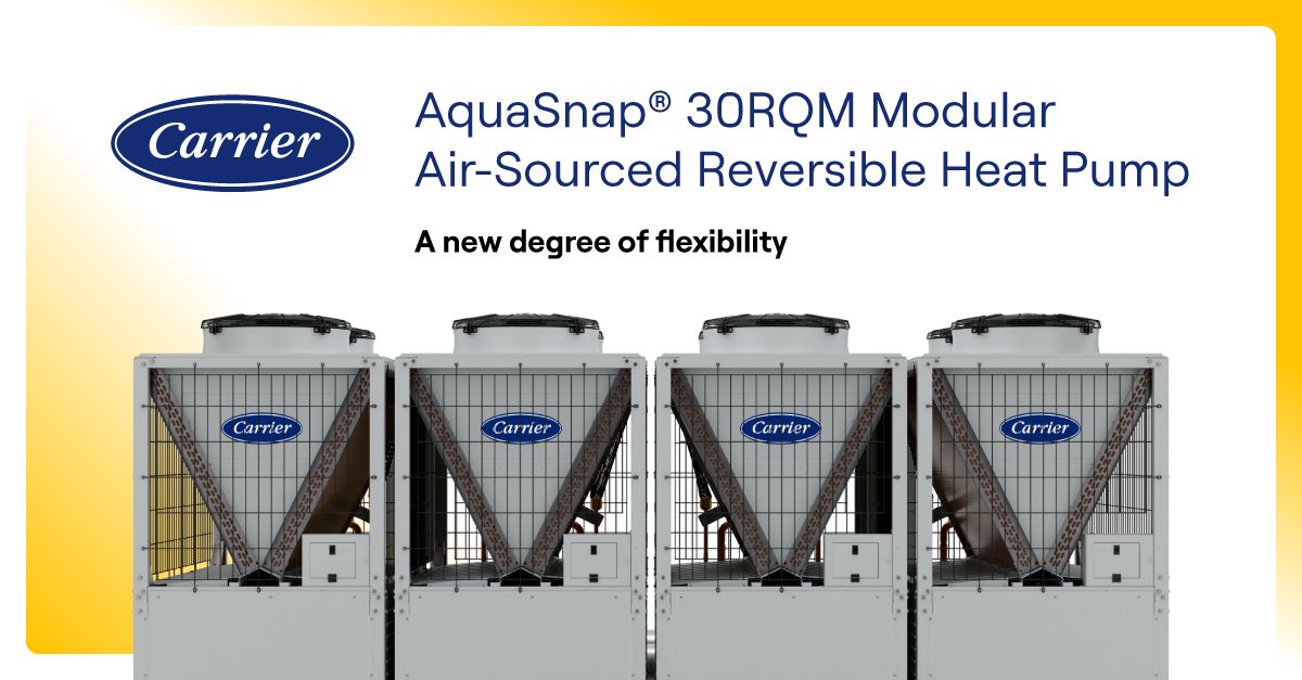 Carrier is excited to introduce the AquaSnap® 30RQM Modular Air-Sourced Reversible Heat Pump - designed with a scalable configuration, reliable performance in low ambient temperatures, smart controls and advanced options to help deliver greater efficiency: bit.ly/4fE8kRp