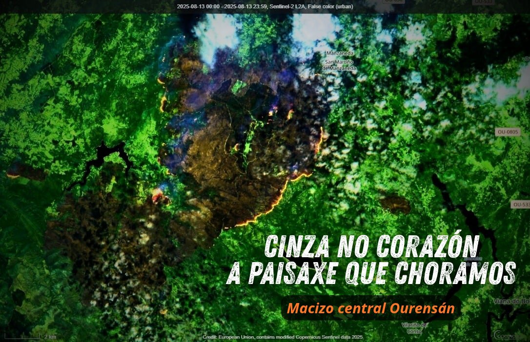🟢🟤⚫ Cando o verde se tornou negro

Dende o satélite comeza a ser visible a tremenda DEVASTACIÓN que están provocando os lumes na provincia de #Ourense especialmente. Quéimanse paisaxes, pero tamén lembrazas, recordos daquel lugar que agora é un mar gris, de cinzas, sen vida.