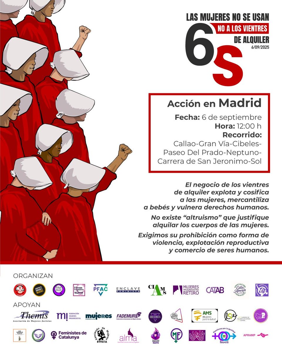 Si tienes claro que #LasMujeresNoSeUsan  que #noSomosVasijas  y que  quieres decir  
#NoALosVientresDeAlquiler, apuntate y ven a #Madrid  el #6septiembre para participar en esta acciñón #6SMadrid