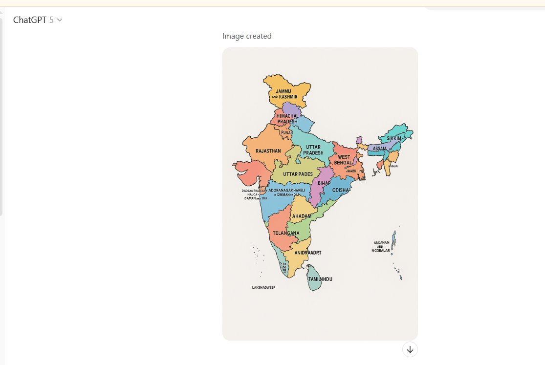 bpbala's tweet image. Asked ChatGPT for a labelled map of India… it gave me Uttar Pades, Andiradraart, and Haguai, marked Karnataka as Telangana, and even made Sri Lanka into Tamil Nadu 🤦‍♂️😂 Geography just resigned. #AI #MapFail #India #ChatGPT @ANI @PTI_News