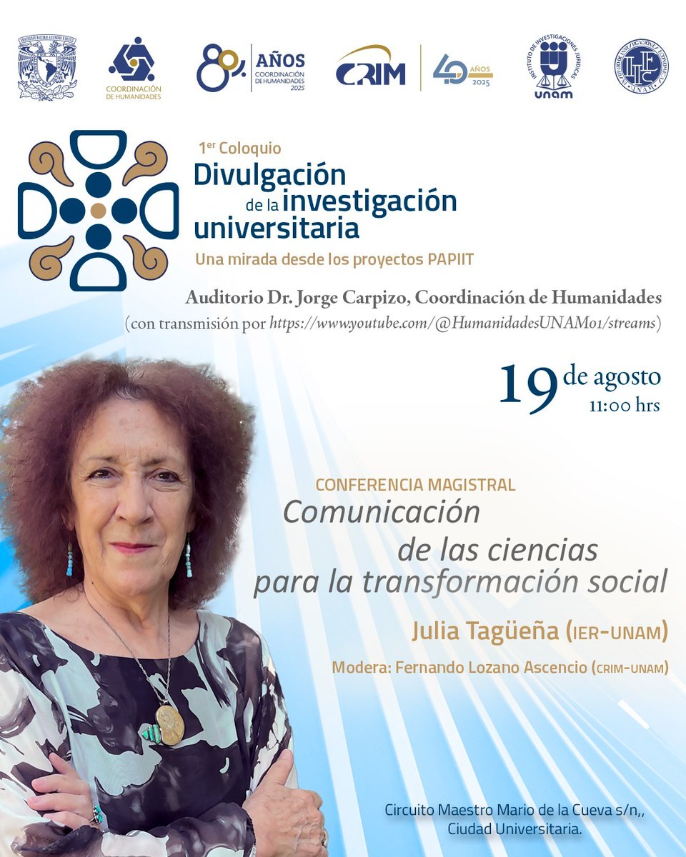 iquimicaunam's tweet photo. 🌍 Comunicación de las ciencias para la transformación social:
Conferencia magistral de Julia Tagüeña
📅 19 agosto | 🕚 11:00 h | 📍 Auditorio Dr. Jorge Carpizo
💻Transmisión en vivo, el día del evento: https://t.co/1XfOxRGSfF
ℹ️ https://t.co/Ug3tZAoCWC
#UNAM #PAPIIT https://t.co/rR4UJqsHzI