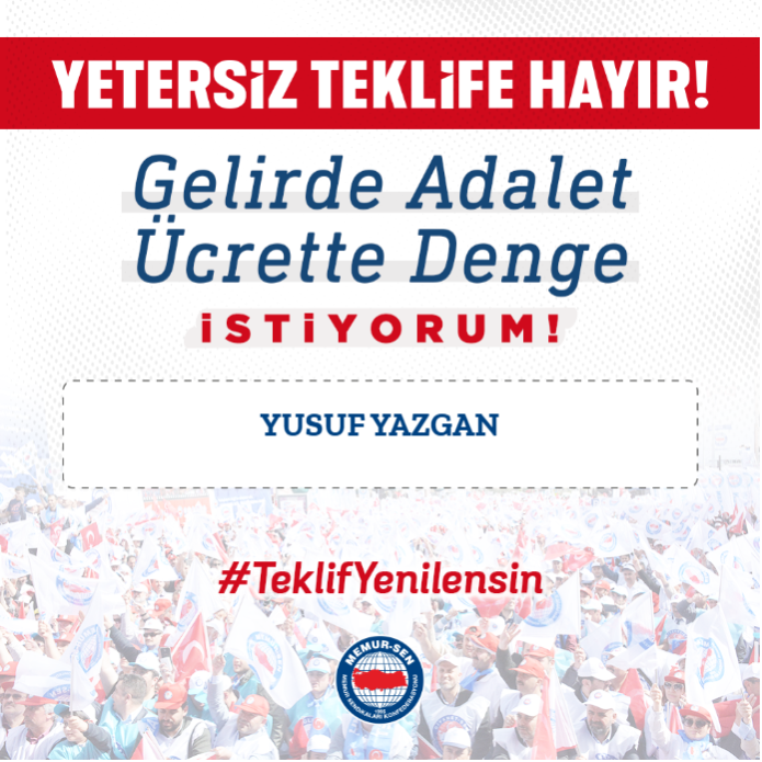 📌Gelirde Adalet, Ücrette Denge için,

📌1. Dereceye 3600 Ek Gösterge verilmesi için,

📌Yardımcı Hizmetler Sınıfının kaldırılarak uygun hizmet sınıfına geçirilmesi için;

📌 Mülakatların kaldırılması için; 

📌 Kira Yardımı için; 

📌 4688 sayılı Kanun’un revize edilmesi için;