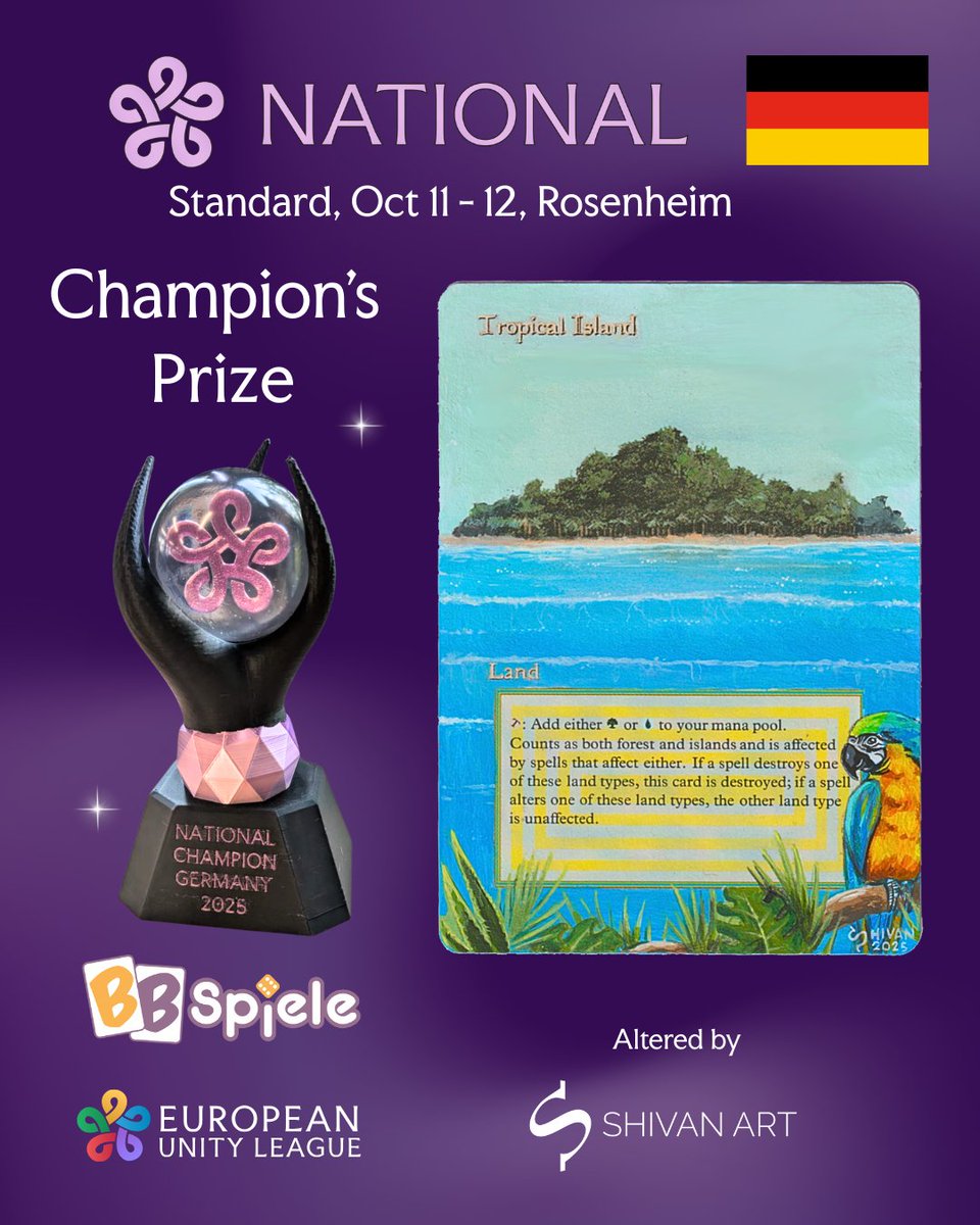 European Unity League (@unityleaguemtg) on Twitter photo 🇩🇪 EUL National Champion’s prize 🏆
A Revised Tropical Island 🃏 altered by <a href="/ShivanArt/">ShivanArt🔜TBA👀</a> 🎨 and a custom trophy 🖤
📅 11. - 12.10
📍 Rosenheim
🔗 unityleague.gg/events/12312/ 🇩🇪 EUL National Champion’s prize 🏆
A Revised Tropical Island 🃏 altered by <a href="/ShivanArt/">ShivanArt🔜TBA👀</a> 🎨 and a custom trophy 🖤
📅 11. - 12.10
📍 Rosenheim
🔗 unityleague.gg/events/12312/