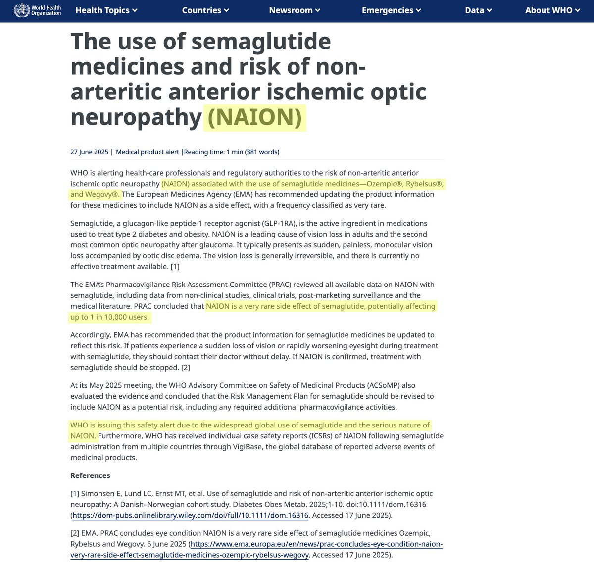 ema semaglutide naion label update 2025 Yakında Ozempic kullananlar kör oluyor Bu yüzden Ozempic için iki milyar  dolarlık tazminat davası açıldı diye spekülatif paylaşımlar görebilirsiniz.  İkisi de sosyal medya tıklanma tuzağı.. "The evidence: A single July 2023  JAMA