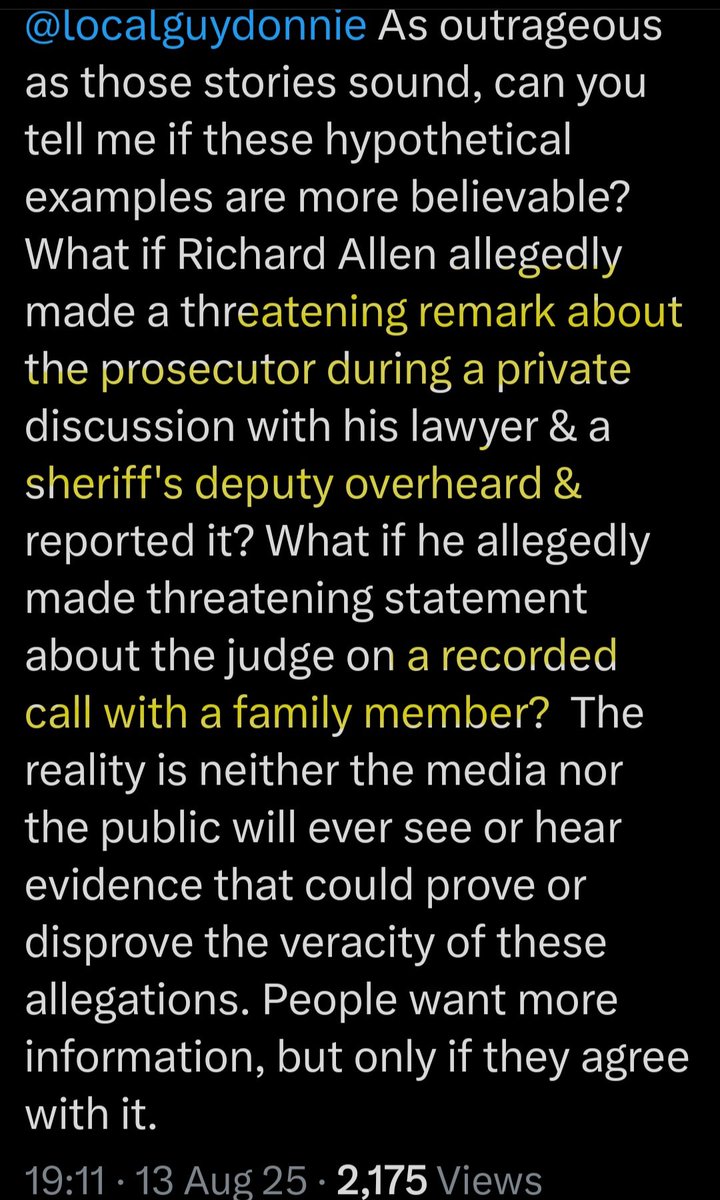PhD_OnTheCouch's tweet photo. As usual team #RichardAllen moves the goalpost/fails to comprehend

A deputy (there for SECURITY) who overhears a SECURITY threat in court 
(to attorney or not) MUST report/ACT on it🤦‍♀️

&amp; a recorded call with WIFE is NOT privileged

Read the question crank
#CapturingTheirKiller https://t.co/ZVUu9KT0L6