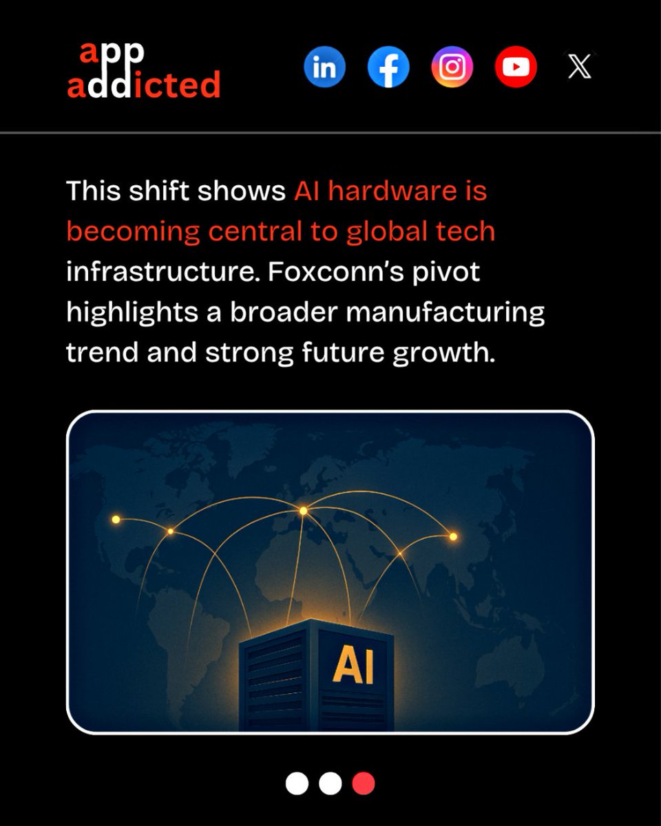 appaddicted_co's tweet photo. Foxconn just earned more from AI servers than phones in Q2. With 150% growth and new U.S. expansion, it's clear: AI hardware is riding the wave of global tech demand.

#Foxconn #AIhardware #TechManufacturing #AIservers #GlobalTech #AppAddicted #FutureOfAI https://t.co/OsqlfC8KrK