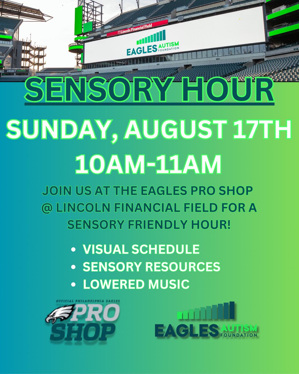 Shop your favorite EAF and Eagles pieces this Sunday, August 17th 10-11am at the Lincoln Financial Field Eagles Pro Shop during Sensory Hour!🦅