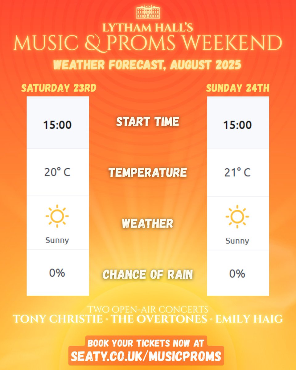 ☀️The forecast is promising some fantastic weather for our Music &amp; Proms Weekend on the 23rd &amp; 24th August! The weekend stars Tony Christie, the Overtones, and international soprano Emily Haig heading our annual Proms celebrations. 

Get your tickets now!
seaty.co.uk/musicproms