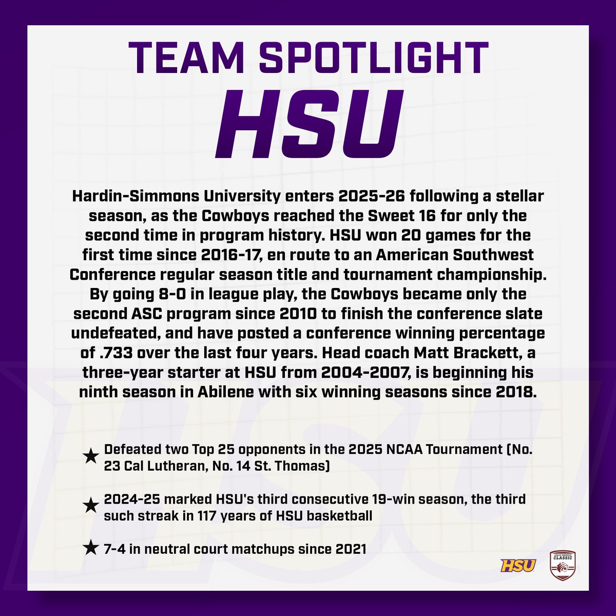 The Leslie Robinson Classic (@tuhoopsclassic) on Twitter photo Team Spotlight: <a href="/HSUMBB/">Hardin-Simmons Men's Basketball</a>
We are thrilled to have Hardin-Simmons make the trip from West Texas to be part of this classic! The Cowboys put together one of their most accomplished seasons in recent memory in 2024-25, reaching the Sweet 16, and will aim to build on that this Team Spotlight: <a href="/HSUMBB/">Hardin-Simmons Men's Basketball</a>
We are thrilled to have Hardin-Simmons make the trip from West Texas to be part of this classic! The Cowboys put together one of their most accomplished seasons in recent memory in 2024-25, reaching the Sweet 16, and will aim to build on that this
