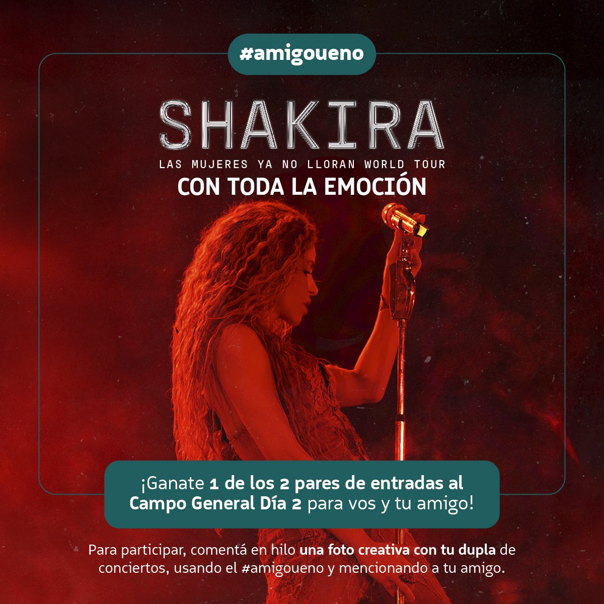 🧠 ¿A quién le dedicarías una de Shakira?

Seguimos celebrando el Día de la Amistad con lo mejor: ¡entradas al Las Mujeres Ya No Lloran World Tour!

Comentá con una foto creativa con tu #amigoueno y mencioná a tu dupla.

Podés ganarte 1 de los 2 pares de entradas al Campo General