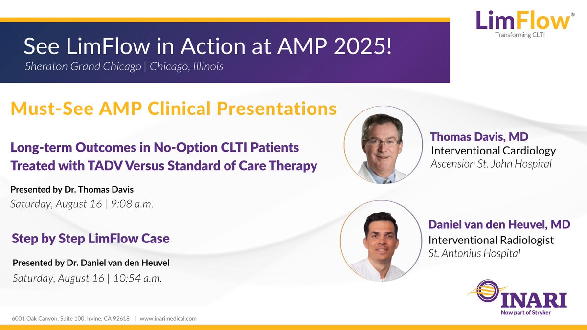 CLI_LimFlow's tweet image. Tomorrow at #AMP2025 – Two #LimFlow Clinical Presentations You Won’t Want to Miss!

Gain real-world insights and procedural expertise from two leading voices in #CLTI treatment with the LimFlow System.

#TADV #CLTI #LimbSalvage #PhysicianEducation #AMP2025 #LimFlow