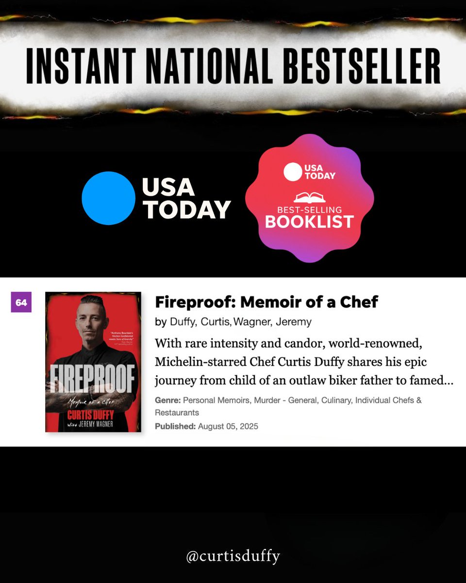 Curtis Duffy (@curtisduffy) on Twitter photo Fireproof is a USA Today bestselling book! @jeremyxwagner and I did this our way, and we're so proud of the book and the teams that came together to make this happen. Thank you to everyone who has supported me in sharing my story. #FireproofMemoir Fireproof is a USA Today bestselling book! @jeremyxwagner and I did this our way, and we're so proud of the book and the teams that came together to make this happen. Thank you to everyone who has supported me in sharing my story. #FireproofMemoir