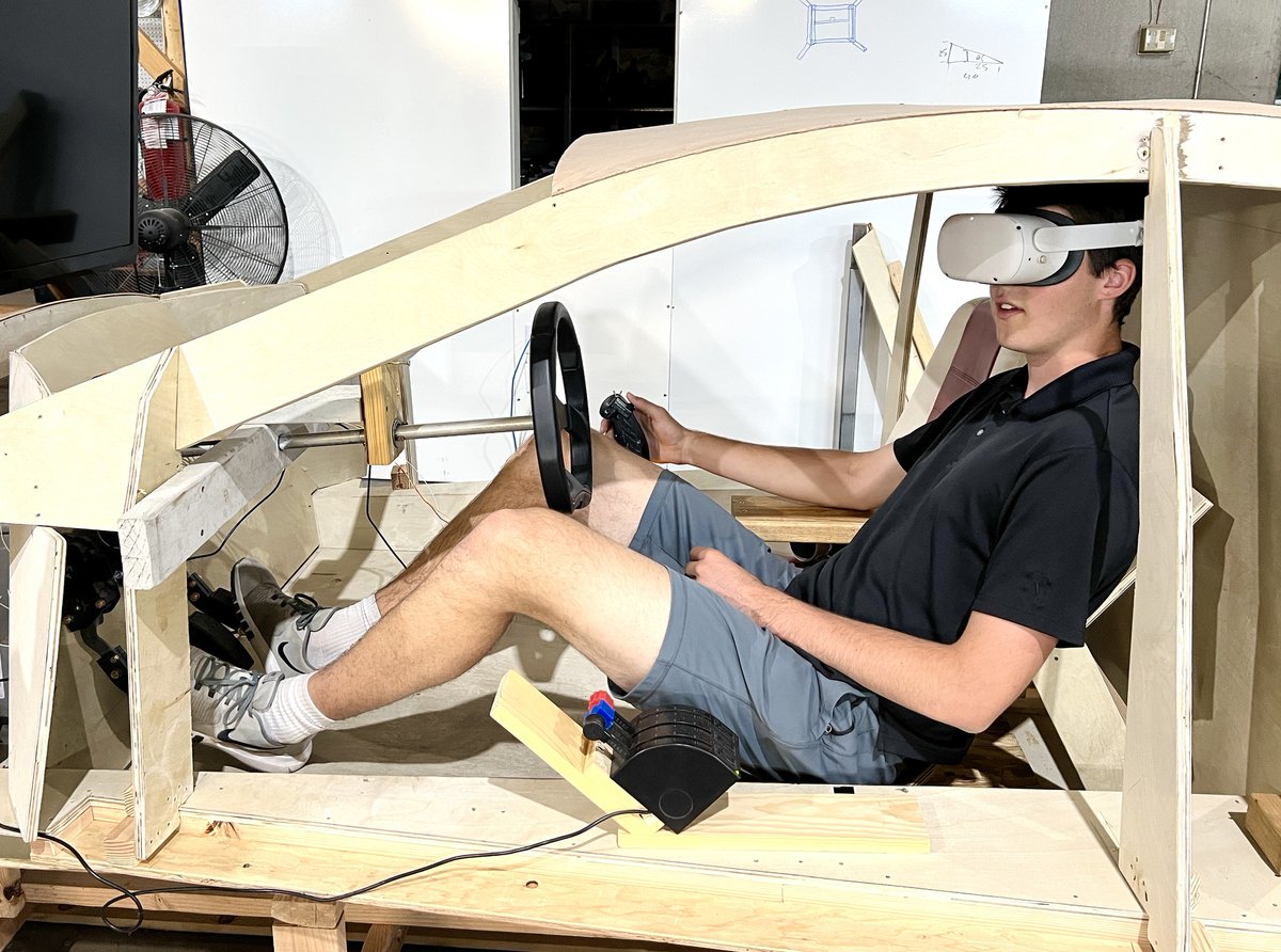 EVEN MORE HEADROOM AND LEGROOM IN SWITCHBLADE FLYING CAR!  
At 6'7" Logan Foley still had plenty of room in our Switchblade Simulator. See more at vist.ly/43dw3