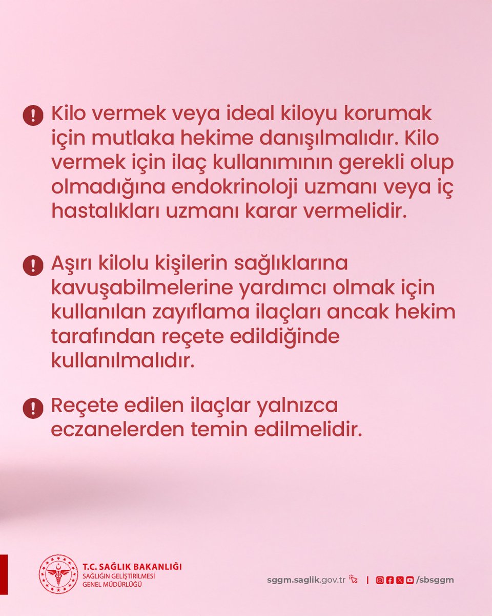 Sağlıklı kilo vermek için uygulanacak ilk yol; beslenme programını düzenlemek ve egzersiz yapmaktır. Kilo vermek veya kilonuzu kontrol altında tutmak için mutlaka hekime başvurun.

#SağlıklıKiloKaybı #KiloKontrolü #Zayıflamaİlaçları