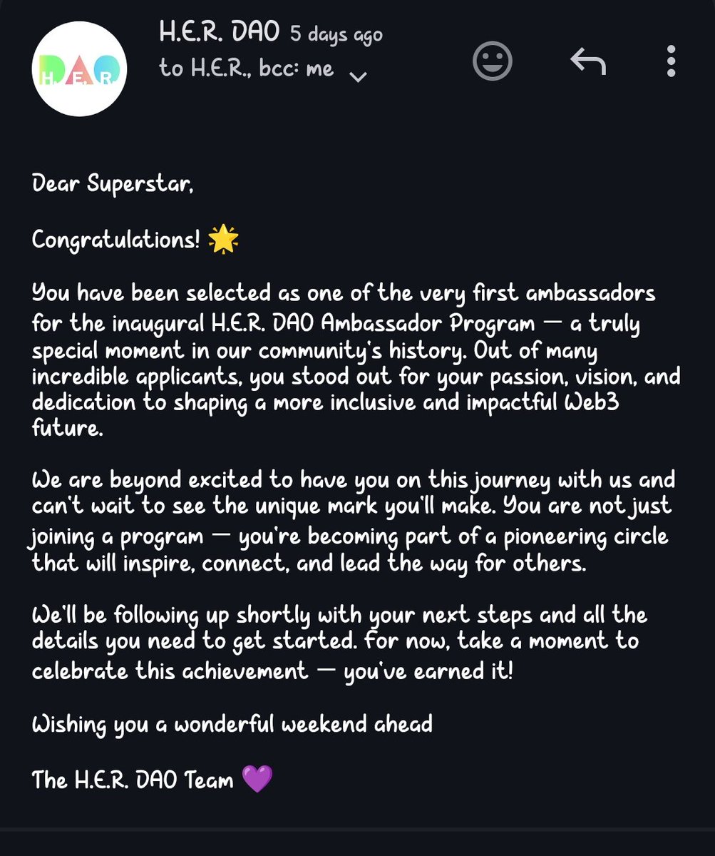 Anjali Thacker (@ianjali_th) on Twitter photo Happy to be chosen as one of the first <a href="/_HerDAO/">H.E.R. DAO @ H.E.R. DAO HACKERHOUSE w/ ETH ACCRA</a> Ambassadors!
Ready to make a positive impact in Web3!
Let's connect! Happy to be chosen as one of the first <a href="/_HerDAO/">H.E.R. DAO @ H.E.R. DAO HACKERHOUSE w/ ETH ACCRA</a> Ambassadors!
Ready to make a positive impact in Web3!
Let's connect!