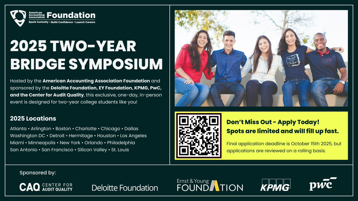 Two-Year College Students - Apply now for the 2025 Two-Year Bridge Symposium—a one-day, all-expenses-paid event on 11/14/25 at top accounting firm offices across the country!

Apply by 10/15/25   bit.ly/3G27TTr 

#AAAHQ #TwoYearBridge #FutureAccountants  #TYBS2025