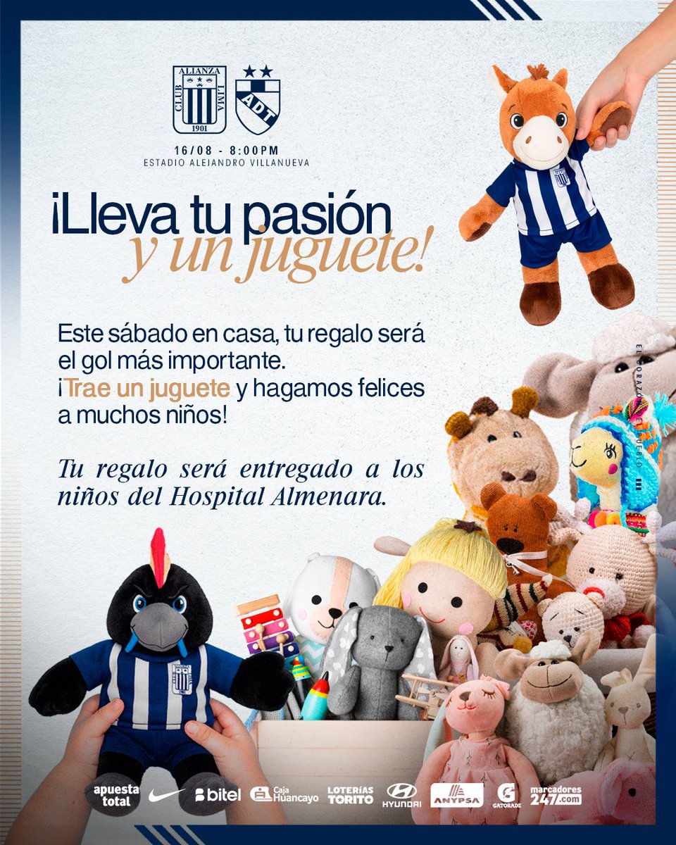 ClubALoficial's tweet photo. 𝑷𝒐𝒓 𝒆𝒍 𝑫𝒊́𝒂 𝒅𝒆𝒍 𝑵𝒊𝒏̃𝒐… 💙👧🏾👦🏽

Este sábado, lleva un juguete y regala sonrisas a los niños del Hospital Almenara. 

Adquiere tus entradas para el partido con 𝐀𝐃𝐓 aquí➡️ https://t.co/1SvnQjVcEb

#ConAlianzaSiempre
#AlianzaLima
#VamosPorMás https://t.co/rbnxAvTlXU