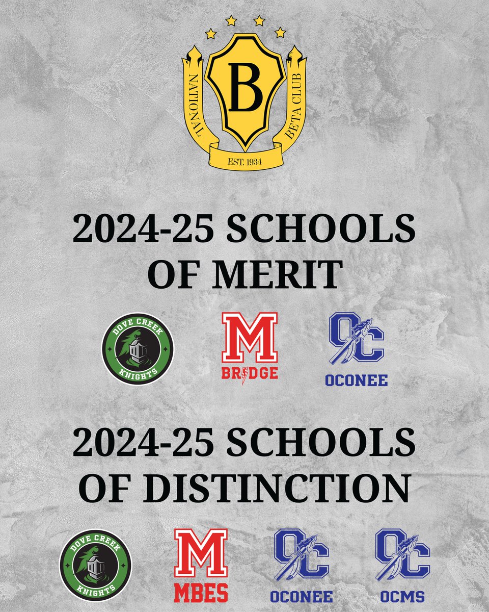 Five schools from Oconee County — Dove Creek Middle, Malcom Bridge Elementary, Malcom Bridge Middle, Oconee County High, and Oconee County Middle — have been recognized by the National BETA organization.

oconeeschools.org/beta2425