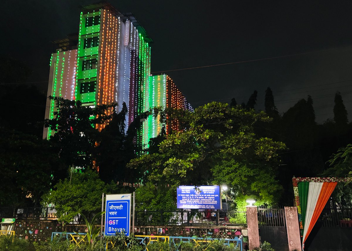 CGST Bhawan, Thane is illuminated in the Tricolour, symbolizing the pride and unity of our nation on the eve of #IndependenceDay2025. Honoring 79 years of freedom, progress, and resilience. Jai Hind 🇮🇳✨ #79thIndependenceDay" <a href="/FinMinIndia/">Ministry of Finance</a>  <a href="/cbic_india/">CBIC</a> <a href="/cgstmumbaizone/">CGST Mumbai Zone</a>