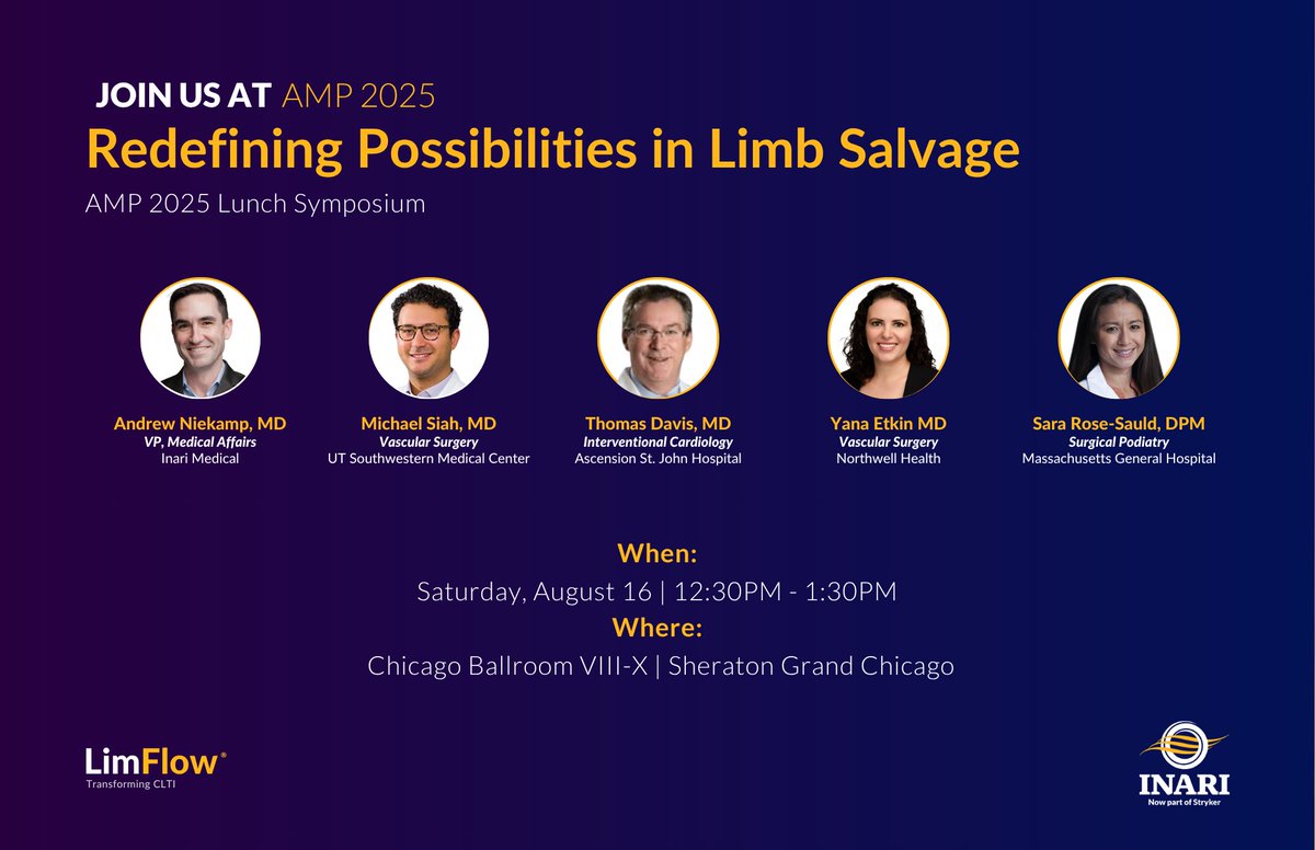 CLI_LimFlow's tweet image. The #LimFlow Lunch Symposium is happening tomorrow at #AMP2025!

Learn about patient selection, advanced wound care, and how this breakthrough technology is changing limb salvage for patients with advanced #CLTI.

#AMP25 #LimFlowLunchSymposium #TADV #LimbSalvage #CLTI #LimFlow