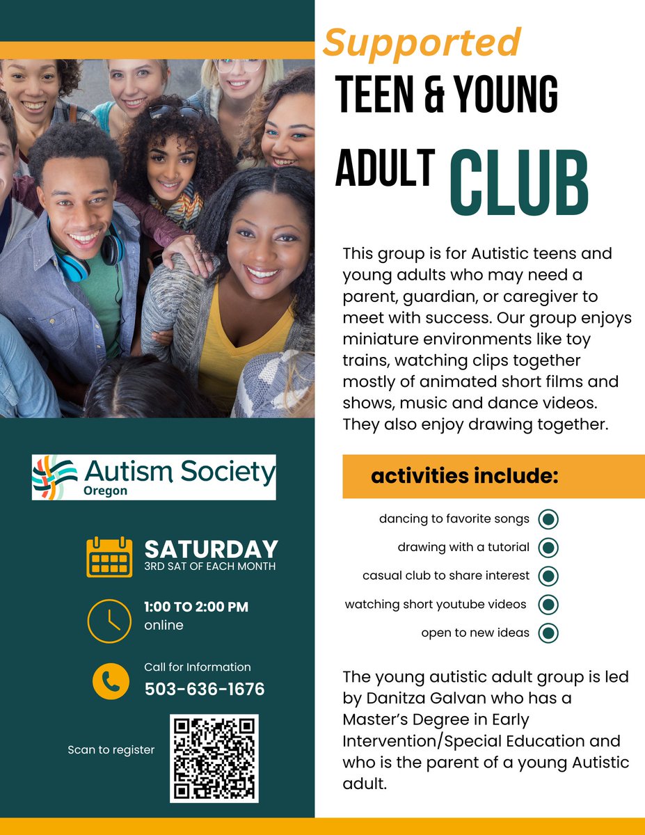 Autism Society OR (@autismsocietyor) on Twitter photo Supported Teen & Young Adult Club
Saturday Aug 16, 2025 ⋅ 1pm – 2pm (Pacific Time - Los Angeles)
Register for the zoom link here:
us02web.zoom.us/meeting/regist…
For questions or more info, call us at 503-636-1676 or email LoriB@AutismSocietyOregon.org Supported Teen & Young Adult Club
Saturday Aug 16, 2025 ⋅ 1pm – 2pm (Pacific Time - Los Angeles)
Register for the zoom link here:
us02web.zoom.us/meeting/regist…
For questions or more info, call us at 503-636-1676 or email LoriB@AutismSocietyOregon.org