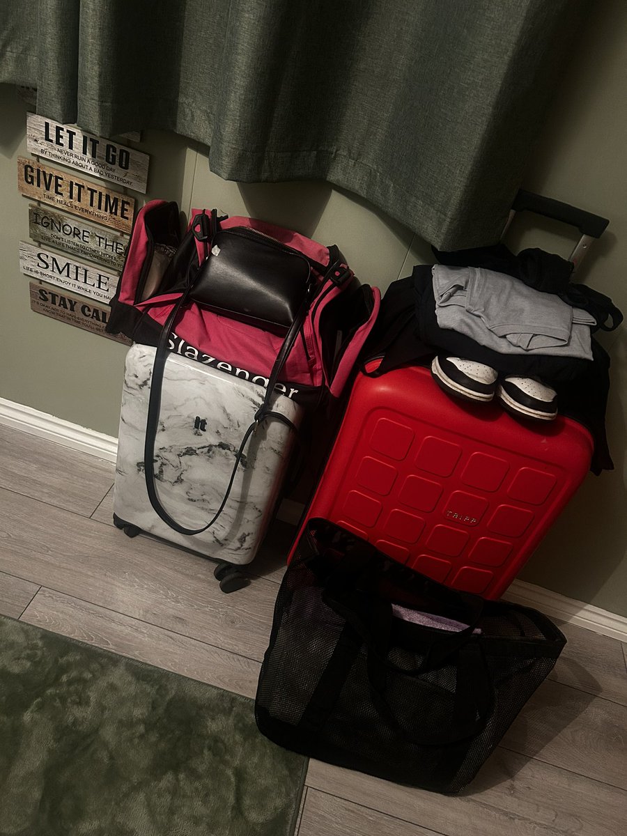 I’m a terrible over packer, the smaller suitcase is shoes and I’ve had to repack the bigger one several times to fit stuff in 🙈 slaz bag for make up &amp; hair stuff, black bags a beach bag for arrival as no point wasting beautiful days and my travel outfit 🤣 ready to go though!
