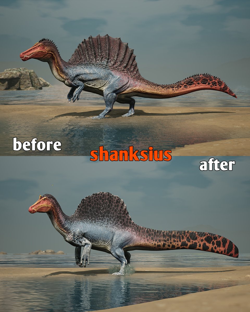 pathoftitans's tweet image. The Spinosaurus has made landfall with all new models and skins. Here is a detailed look at the before and after spino models, as well as some in-progress shots while it was still having its new scales sculpted.

#pathoftitans #dinosaurs #spinosaurus #dinoTLC