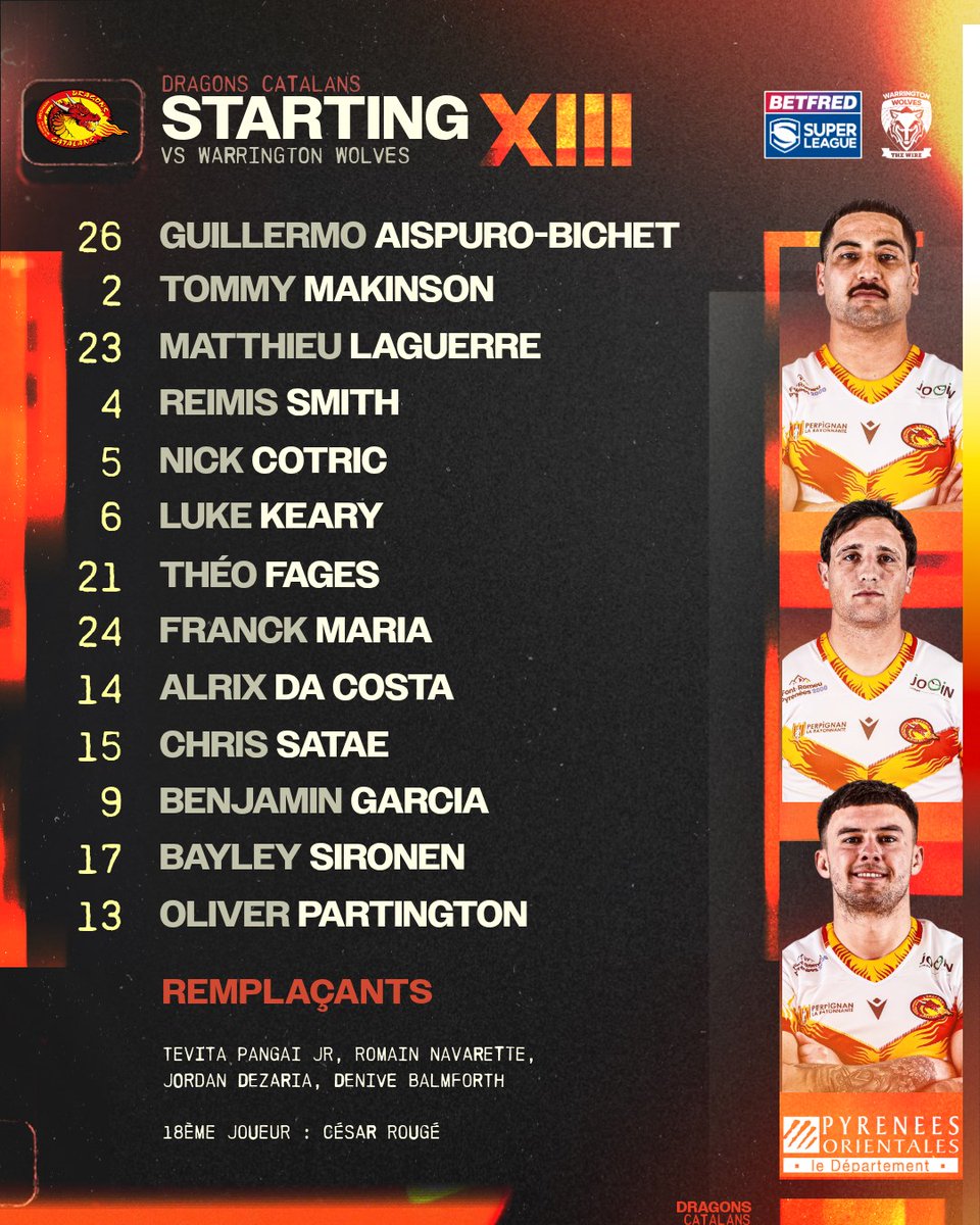 La compo des <a href="/DragonsOfficiel/">Dragons Catalans</a> J22 de <a href="/SuperLeague/">Betfred Super League</a> ce jeudi à #Warrington par <a href="/lindependant/">L'Indépendant</a>