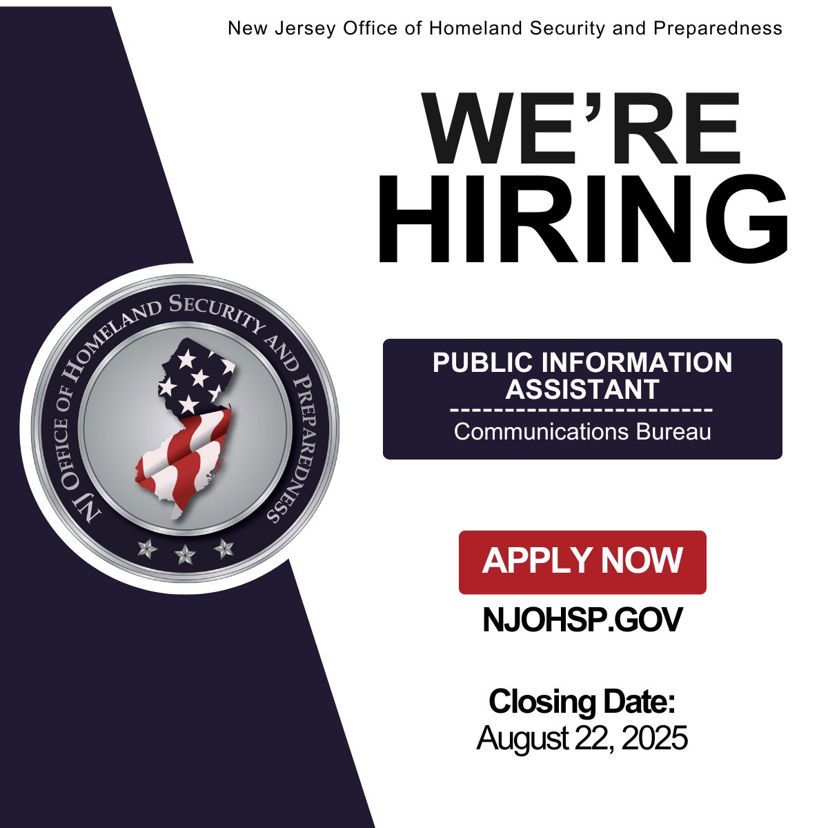 NJOHSP invites talented individuals to join our Communications Bureau as a Public Information Assistant and make a meaningful impact across New Jersey in homeland security. Start your career with purpose. Apply today: njohsp.gov/connect/about-…