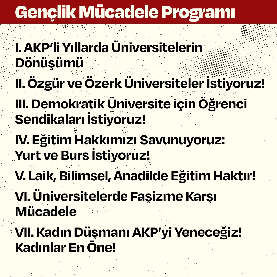 marksistfikir2's tweet photo. Gençlik Mücadele Programı Yayında!

Üniversitelerde eyleme geçtiğimiz, kent merkezlerinde birleştiğimiz, meydanlarda yan yana geldiğimiz günlerin ardından artık net bir yol haritasına ve açıklayıcı bir perspektife ihtiyacımız var. 

MFT, belirleyici mücadelelerde enerjisiyle öne çıkan gençliğin sınıf mücadelesiyle birleşerek ülkenin değişimi için itici bir güce dönüşmesini hedefliyor. Bu nedenle seni de bu yolu birlikte yürümeye çağırıyor.

https://t.co/bGrWLAZoiU