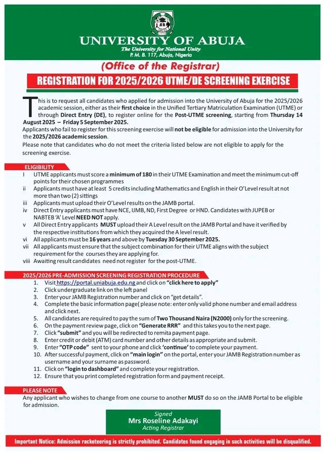DAMMYSTV's tweet image. UNIVERSITY OF ABUJA (#UNIABUJA) RELEASES POST-UTME/DE ADMISSION FORM FOR 2025/2026 ACADEMIC SESSION
