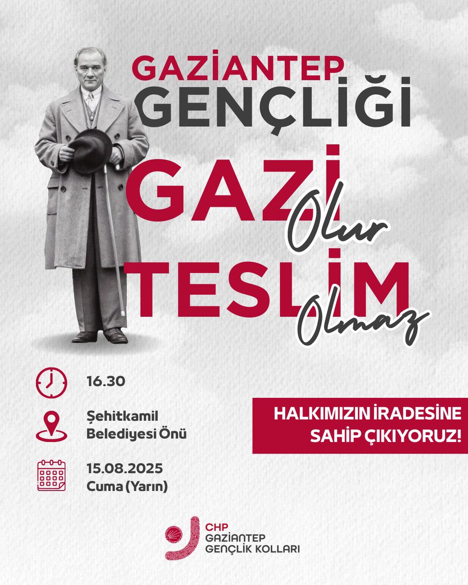 Gaziantep gençliği, Gazi olur, teslim olmaz!

Cumhuriyet Halk Partisi'nin helal oylarıyla seçilip  Halk İradesini gasp ederek AKP’ ye katılan Belediye Başkanı ve bazı meclis üyelerini protesto etmek amacıyla 15 Ağustos Cuma (Yarın) saat 16.30’da Şehitkamil Belediyesi önünde