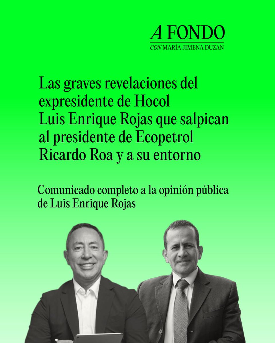 Esta es la carta a la opinión pública en la que Luis Enrique Rojas, expresidente de Hocol hace graves denuncias sobre el presidente de Ecopetrol, Ricardo Roa y su entorno. 

instagram.com/p/DNWACXURwDS/…