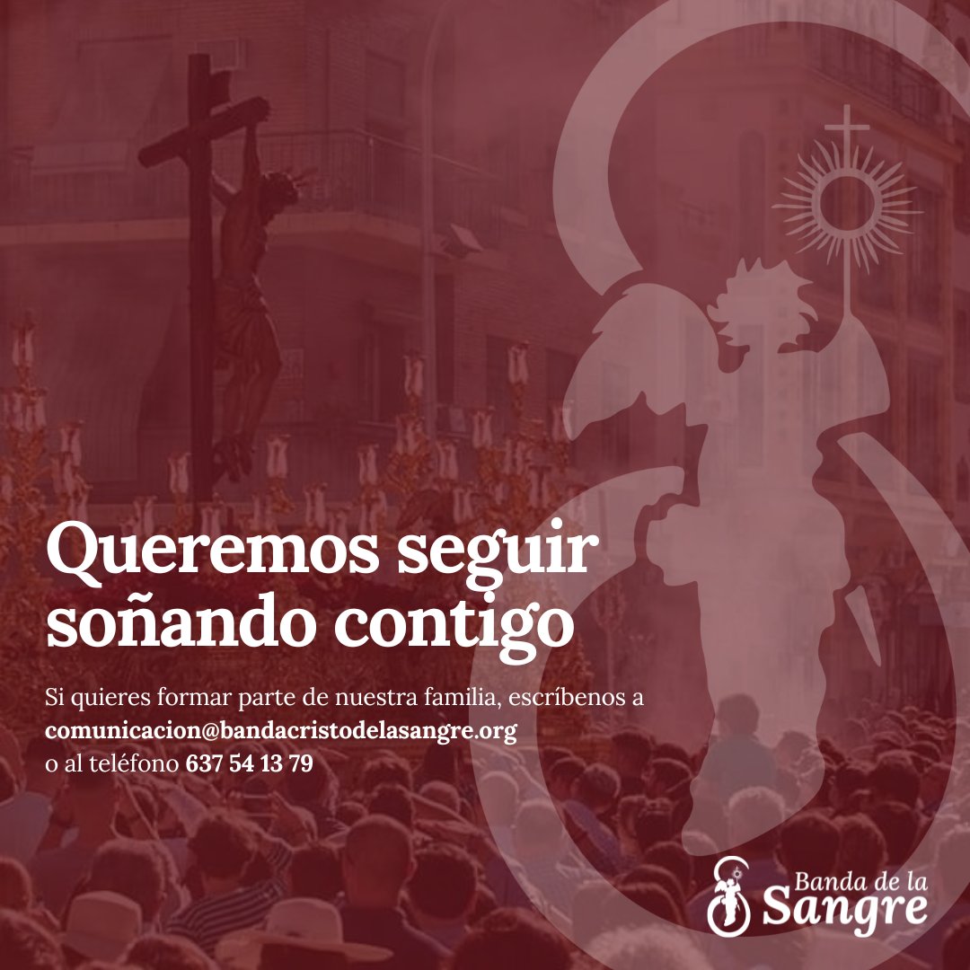 ✨ Queremos seguir soñando contigo... 🎺

🎼 Tú también puedes ser de la Sangre.

➡️ Abrimos el período de inscripción a nuestra formación musical 🎵

✉️ comunicacion@bandacristodelasangre.org
📞 637 54 13 79
🌐 bandacristodelasangre.org/contacto

🩸 #SomosSangre