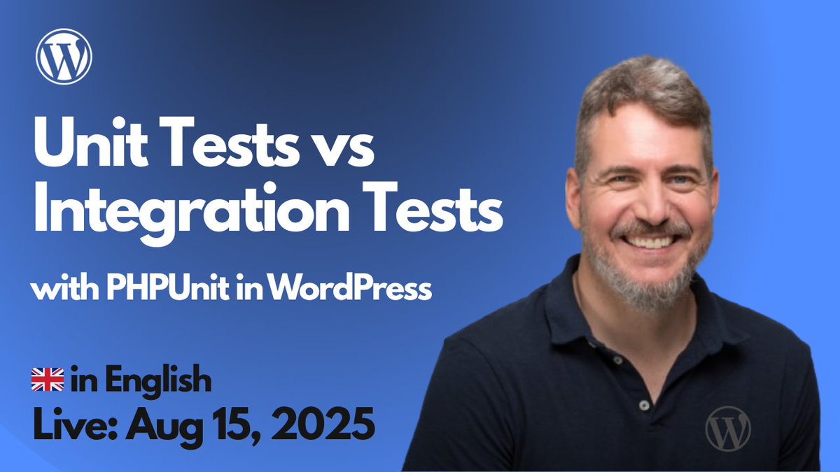 Tomorrow at 15:00 BST (UTC+1), I’ll be live-streaming about Unit Tests vs Integration Tests with PHPUnit in WordPress

🎙️ Join me live at twitch.tv/juanma_codes

 📺 Or watch the recording later on youtube.com/@juanmacodes/s…