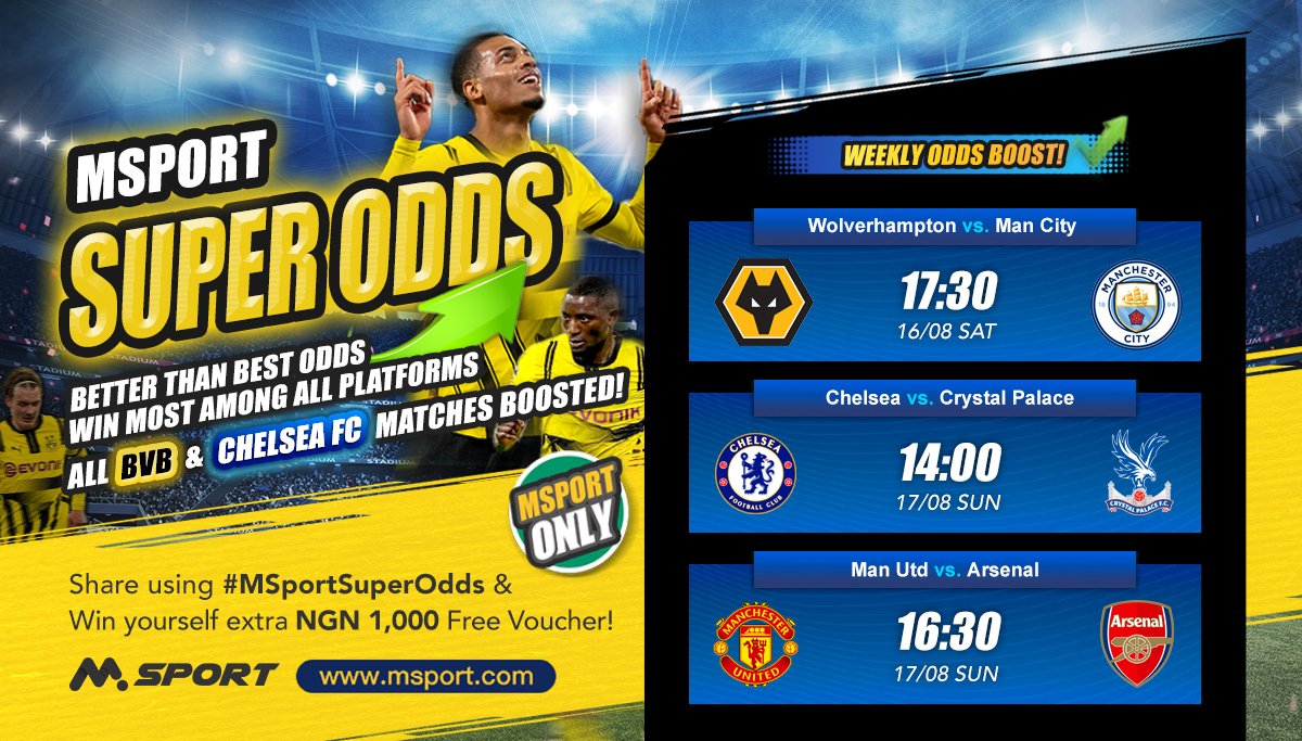 MSport (@msportofficial) on Twitter photo Here are the π§πΌπ½ π― matches currently boosted to Super Odds Matches across all platforms! Stand a chance to win a NGN1,000 ππΌππ°π΅π²πΏ now π·π·!
How to participate:
1. Share your thoughts using #π π¦π½πΌπΏππ¦ππ½π²πΏπ’π±π±π
2. Attach one of your last Trade No. in the Here are the π§πΌπ½ π― matches currently boosted to Super Odds Matches across all platforms! Stand a chance to win a NGN1,000 ππΌππ°π΅π²πΏ now π·π·!
How to participate:
1. Share your thoughts using #π π¦π½πΌπΏππ¦ππ½π²πΏπ’π±π±π
2. Attach one of your last Trade No. in the