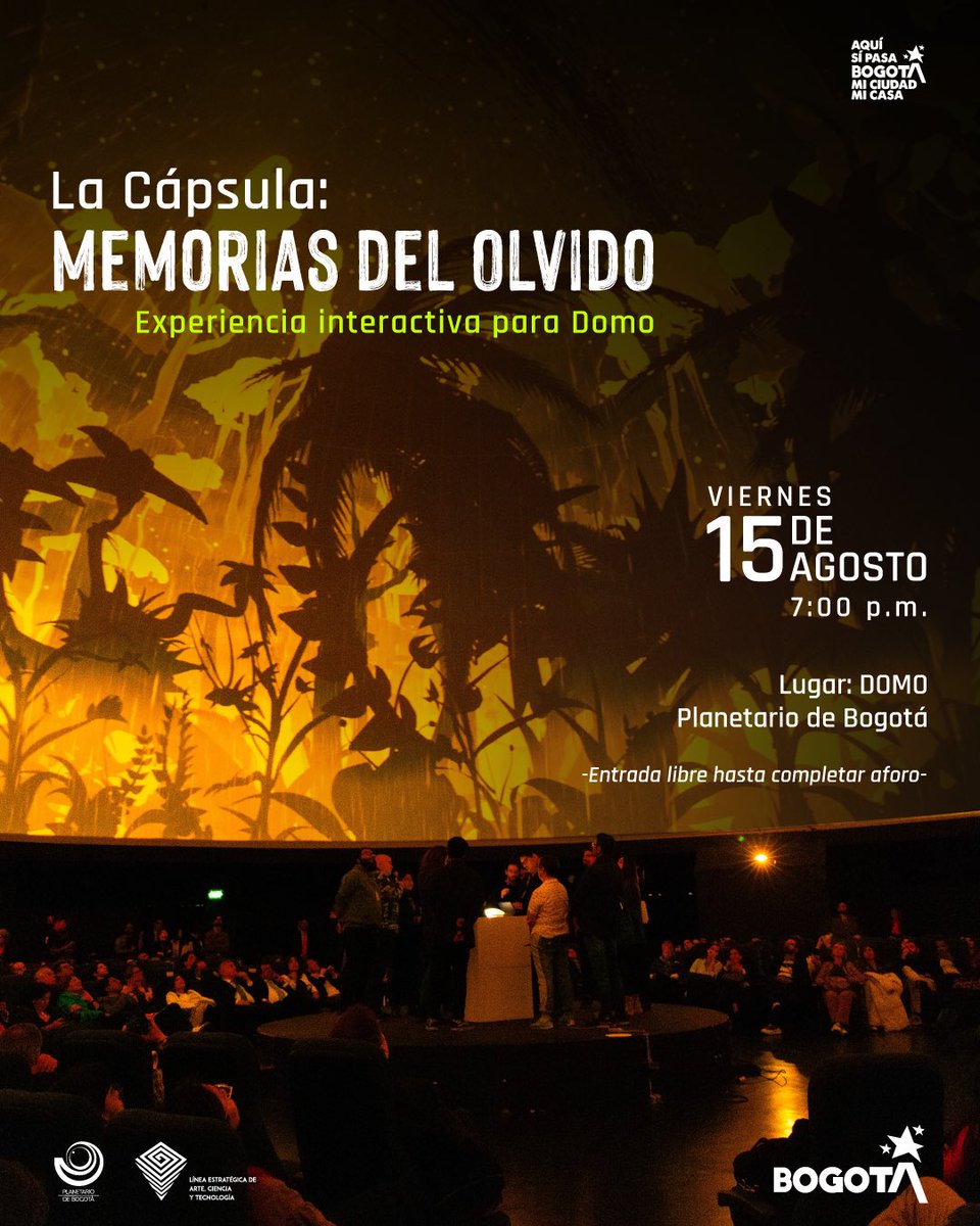 La Cápsula presentó su segunda edición, Memorias del olvido, el 8 de agosto en el Planetario de Bogotá. Una experiencia inmersiva e interactiva.

¡Los esperamos!

🗓 Fecha: Viernes 15 de agosto
 🕖 Hora: 7:00 p.m.
 📍 Lugar: Domo del Planetario de Bogotá
 🎟 Ingreso libre