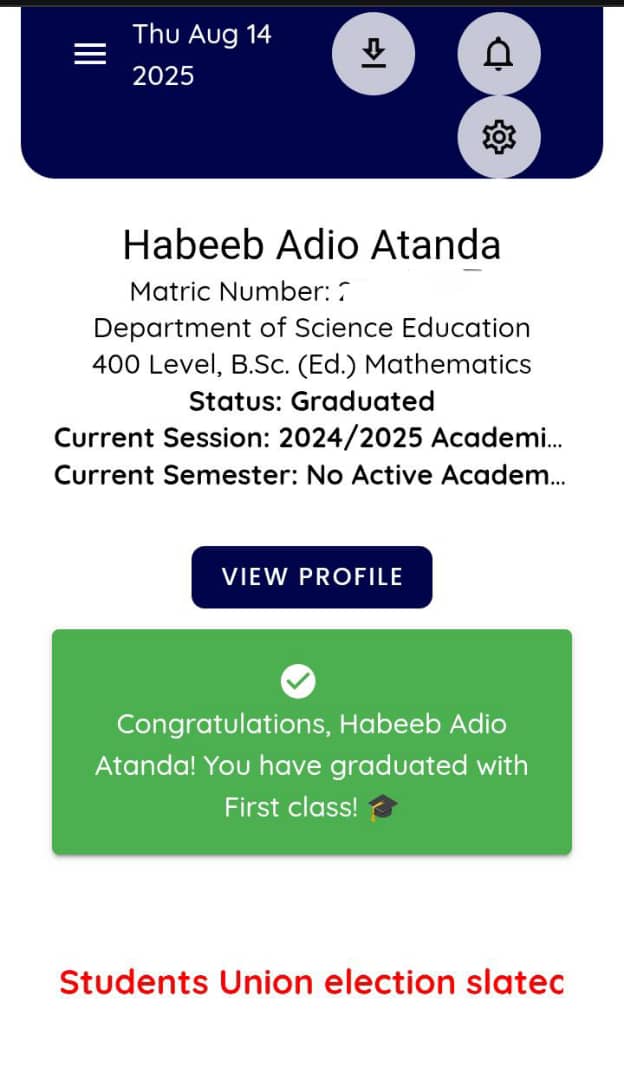 Alhamdulilah!
First Class Honors 
Grateful for the journey, thankful for the grace.
#UNILORIN40thConvocation 
<a href="/UnilorinNGR/">University of Ilorin, Nigeria</a> 
<a href="/Isaiahalgebra/">Adeniran Isaiah</a>
<a href="/UilStudentUnion/">Unilorin SU</a>