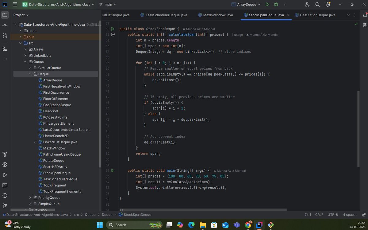 the_departed__'s tweet photo. 📅 DSA #Day 28 — Queue Day 4
Topic: Deque Problems
Practiced 10 problems:

Implement Deque
First Negative in Window
Palindrome Check
Rotate Deque
Deque using Array
Deque using Linked List
Task Scheduling
Min/Max Range Queries
Stock Span
Gas Station

#DSA #Deque #Java #Coding https://t.co/IpW7P21HEG