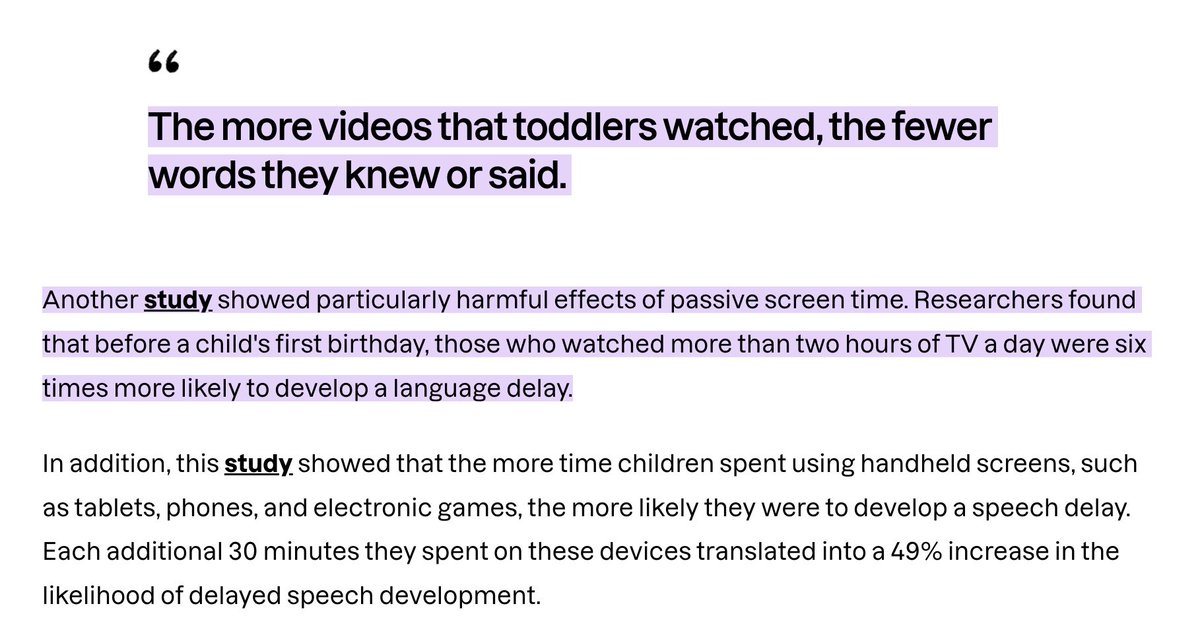 Children who get regular screen time are 6x more likely to have speech &amp; language delays

The study monitored 1 year olds getting more than 
2hrs a day of TV time. 

Speech delays are worse with mobile technology (tablets &amp; phones).

Giving children a screen may provide some