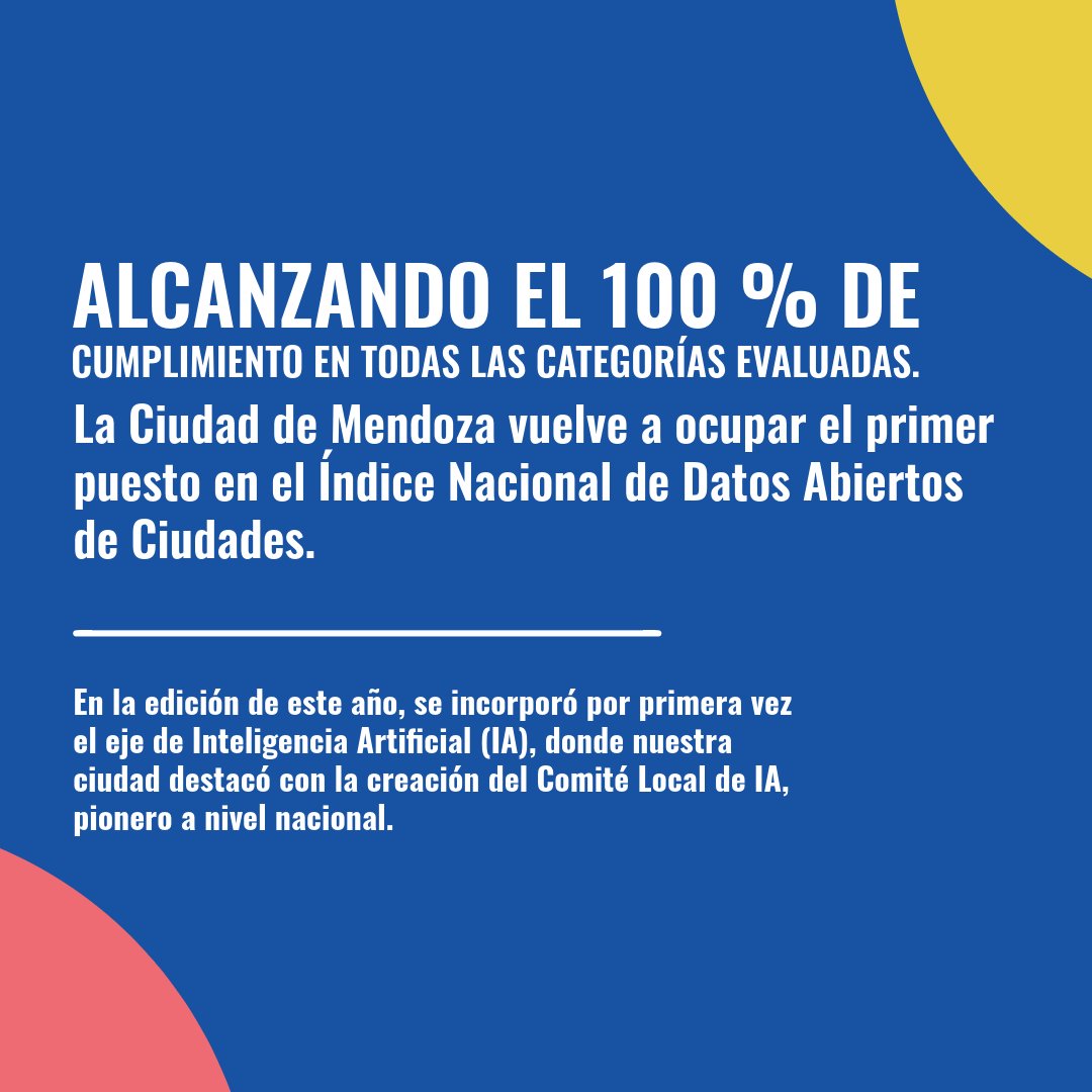 🏆 Mendoza lidera el Índice de Datos Abiertos por 4° año consecutivo, con 100% de cumplimiento en todas las categorías.

Este año se sumó el eje de IA, donde destacamos con el Comité Local de IA, pionero en Argentina.

#DatosAbiertos #Transparencia #Innovación