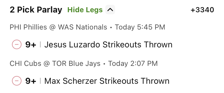 MLB: 8/14 Free Play1

Scherzer/Luzardo 8+K: (+1061) 0.4u
Scherzer/Luzardo 9+K: (+3340) 0.35u

#GamblingX #MLB