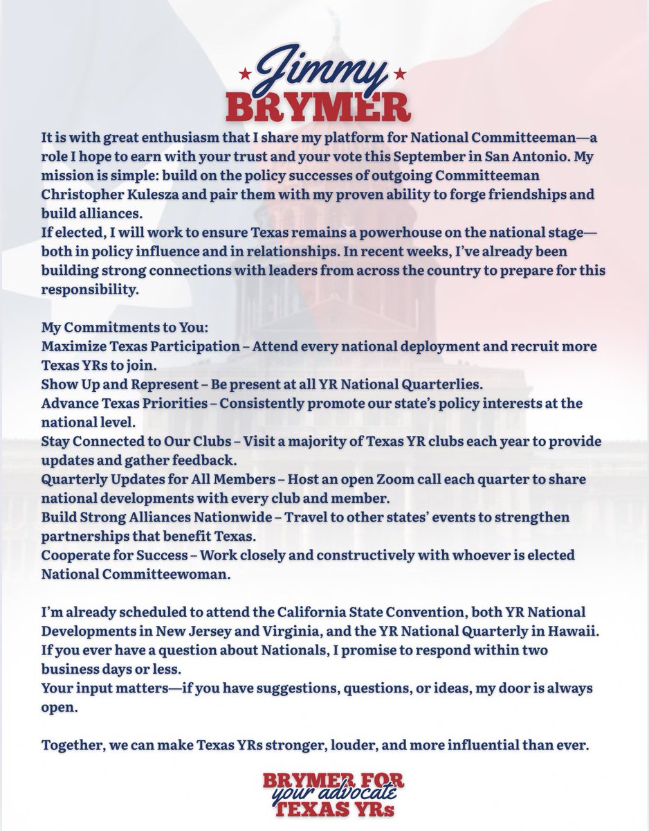 I am so humbled by all the support I have received since I announced that I am running for <a href="/TexasYRs/">Texas Young Republican Federation</a> National Committeeman. Please see below the platform for my campaign, and don’t hesitate to reach out if you have questions. I look forward to earning your vote in September!