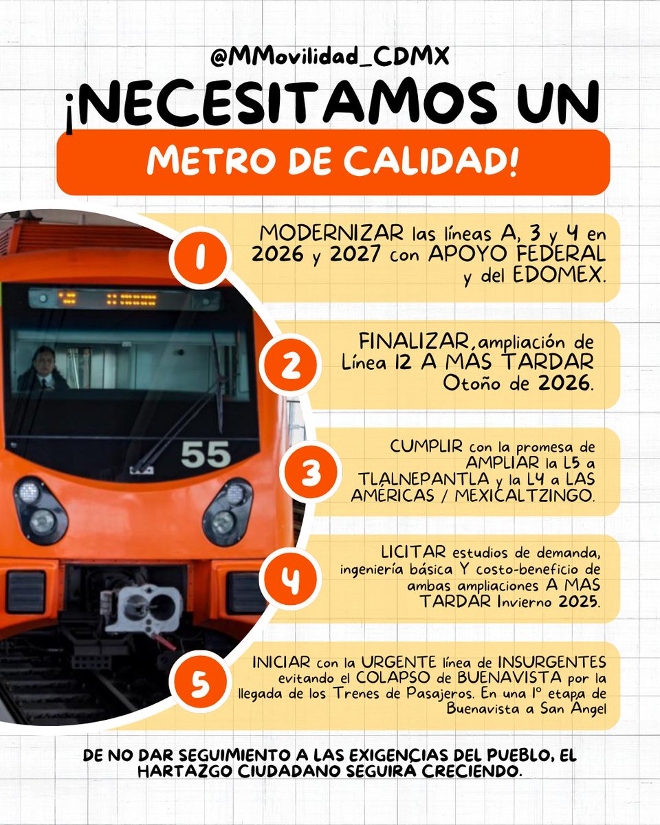 MMovilidad_CDMX's tweet photo. ¡YA NO QUEREMOS QUE LOS POLÍTICOS ILUSIONEN AL PUEBLO CON AMPLIACIONES DE METRO EN CAMPAÑA! Si ya están en el poder, ahora que CUMPLAN.
¡Merecemos un mejor metro y con mayor mantenimiento!
Con el TIEMPO del pueblo NO SE JUEGA.
#MarchaMejorMovilidad https://t.co/3p4lnmvuUT