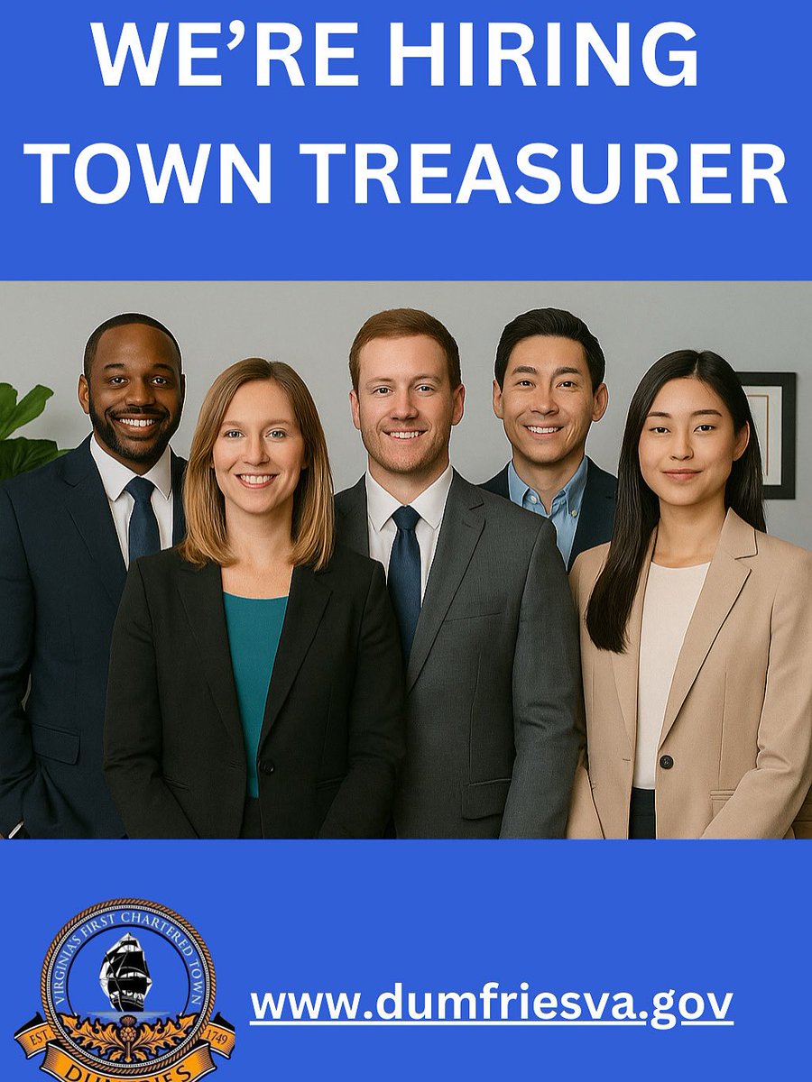 📢 We’re Hiring – Town Treasurer

💼 Competitive Compensation &amp; Benefits Package
📍 Location: Town of Dumfries, VA
🔗 Apply Here:  dumfriesva.gov/departments/em…
 
#FinanceJobs #GovernmentJobs #TownOfDumfries #Treasurer #NowHiring #DMVJobs #PublicService