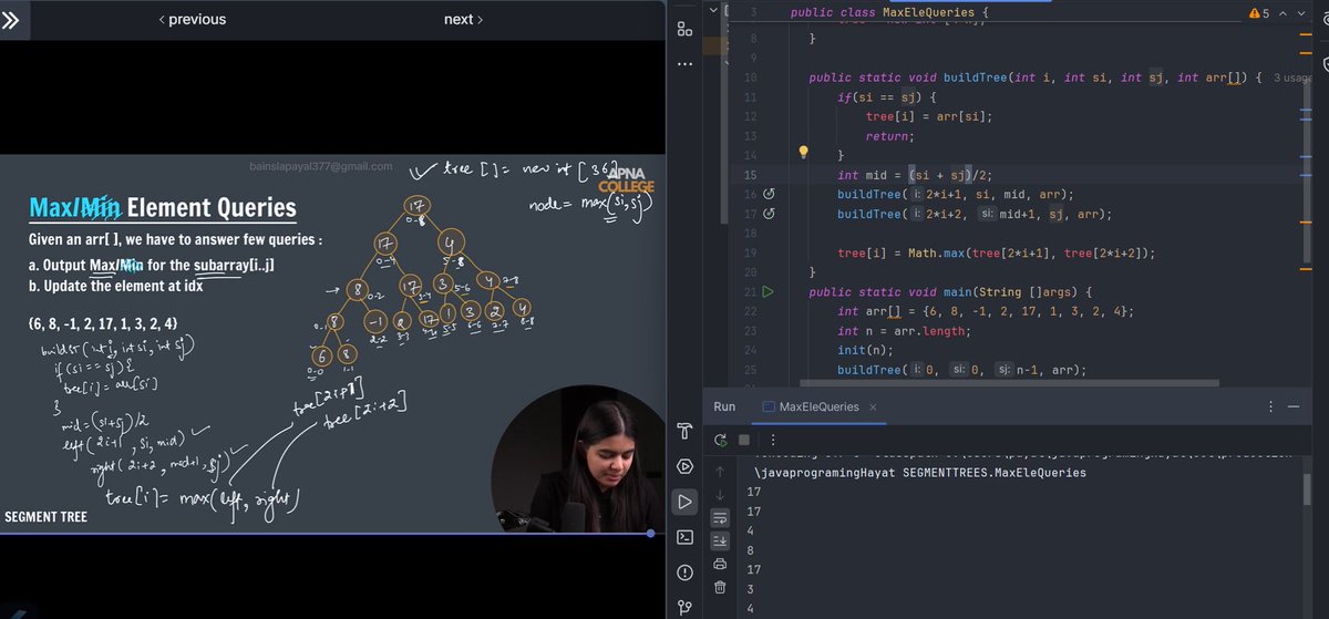 payalbains53359's tweet image. 🚀 Day 45 of #100DaysOfCode
Dived into Segment Trees today! 🌳
🔹 Built Max/Min Segment Trees
🔹 Implemented Query & Update operations
Loving how efficient these structures make range queries!
#100DaysOfCode #JavaJourney #CodingChallenge
@ApnacollegeX @ShradhaKhapra_