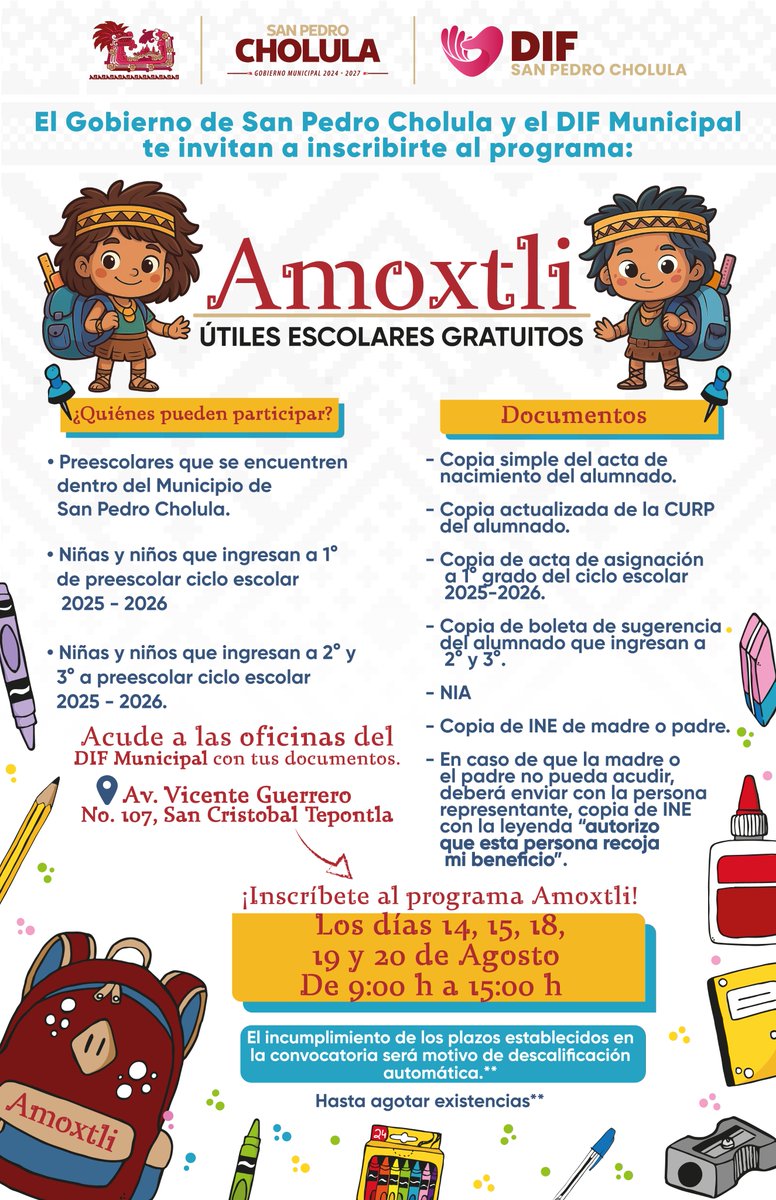 🖍️📚 En DIF San Pedro Cholula abrimos la convocatoria “Amoxtli” para entregar útiles escolares gratis a peques de preescolar.
🗓️ 14-20 agosto | ⏰ 9 a.m.-3 p.m. | 📍 Oficinas DIF
✅ Registra a tu hijo/a y consulta bases y requisitos.
<a href="/TonantzinFdz/">Tonantzin Fernández</a> <a href="/GobiernoCholula/">Gobierno de Cholula</a>