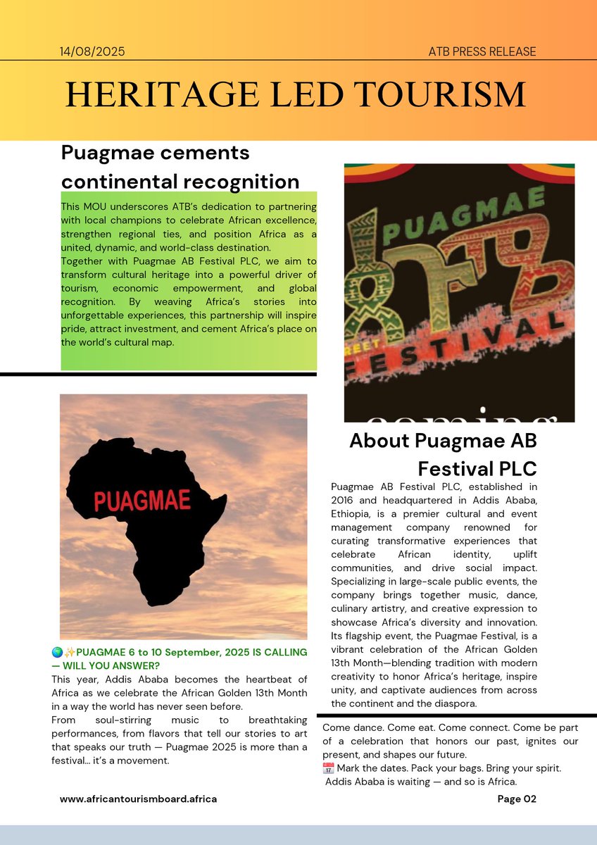 🎉 BIG NEWS FOR AFRICA! 🌍✨

We’re thrilled to announce that the African Tourism Board (ATB) and Puagmae AB Festival PLC are now official partners! 🤝

Together, we’re set to celebrate Africa’s heritage, amplify our cultural voice, and transform the African Golden 13th Month.