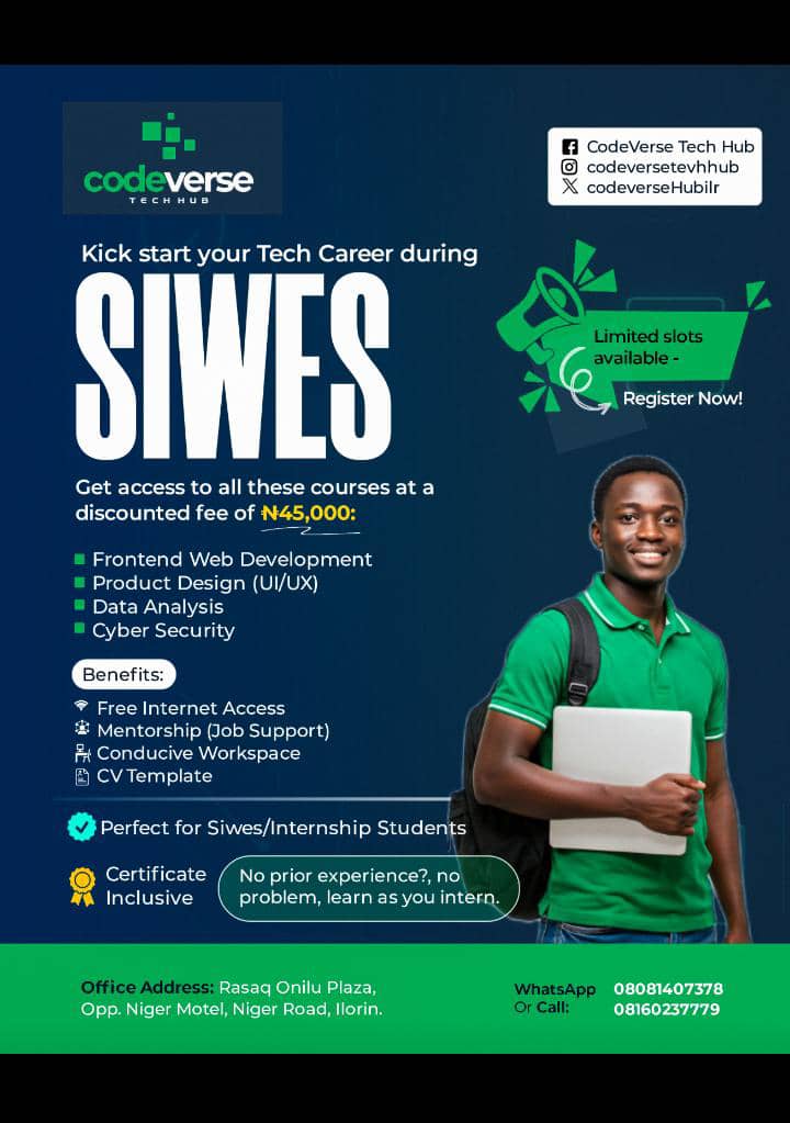 CodeverseHubilr's tweet image. 🎓 Students, make your SIWES/IT count!🚀
Learn Frontend Dev, UI/UX, Data Analysis &amp;amp; Cyber Security at Codeverse Tech Hub for just ₦45,000
💡 Benefits: Mentorship | Workspace | Certificate
📍 Register physically with your SIWES letter – limited slots!
📍 Ilorin | 📞 08081407378